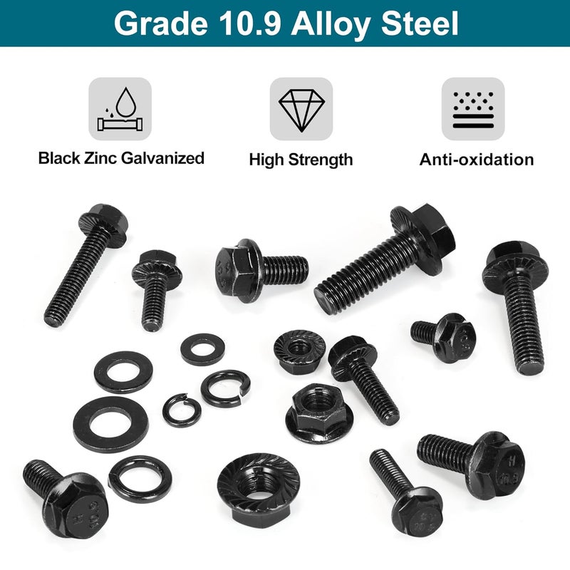 SATANTECH 272Pcs Flange Hex Bolts and Nuts Kit,M6 Bolt,M8 x1.25 Bolts,M10-1.5, Metric Bolt Assortment,Alloy Steel Class 10.9 Black Zinc Plated,Full Coarse Thread (12mm to 30mm) - Image 4